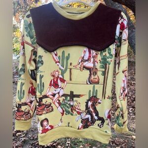 Cowboy Print Sweatshirt with Western Yolk Collar - XS